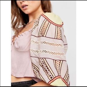NWT-Free People Boho Purple Crochet Embroidered Lace Cutout Balloon Sleeve Top